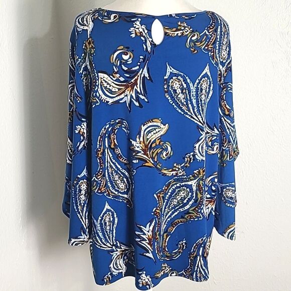 Chico's Blue, Gold & White Floral Top with Bell Sleeves, Size 2, 2X - Picture 6 of 11